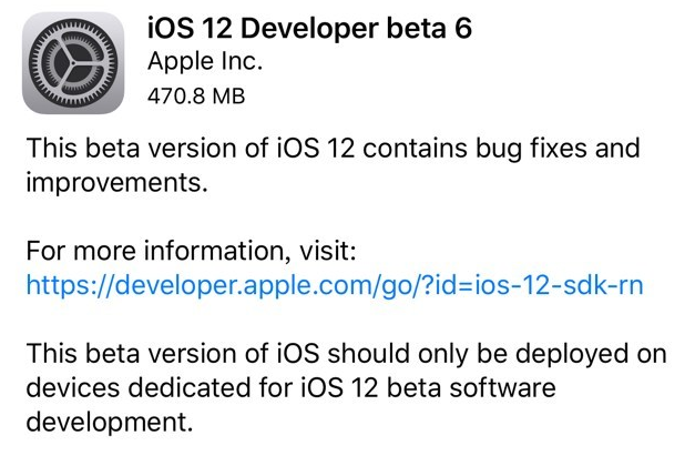 苹果推送iOS12开发者预览版beta6更新