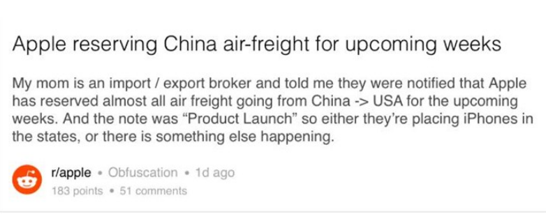 苹果定下未来数周中国赴美货运航班，为新iPhone做准备