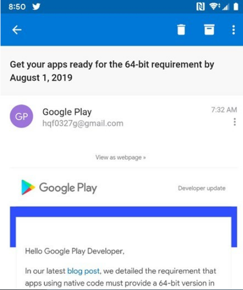 谷歌提醒8月1日前必须提供Android 64位应用版本