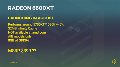 据报导AMD Radeon RX 6600 XT将推出